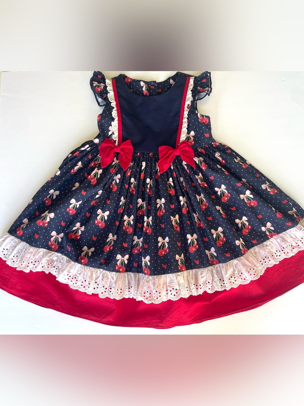 RicRac & Ruffles Girls 5T Cherry Bow Dress 100% Cotton Retro Vintage Boutique